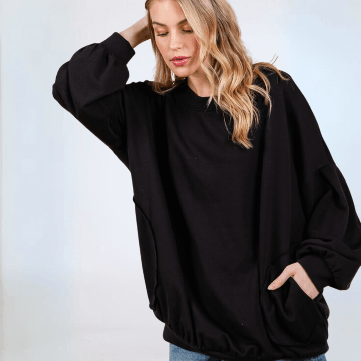 Made in USA Women's Cotton Blend French Terry Oversized Solid Knit Sweatshirt with Side Pockets, Longer Length, Medium Weight in Black | Classy Cozy Cool Made in America Boutique