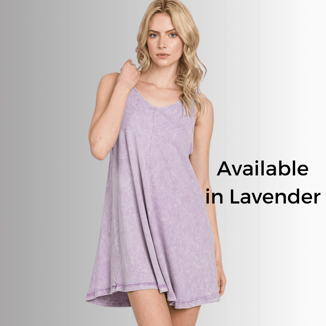 USA Made Women's Breathable Cotton Mineral Washed Sleeveless Mini Tank Dress with Double V-Neck in Royal Lavender | Classy Cozy Cool Made in America Boutique