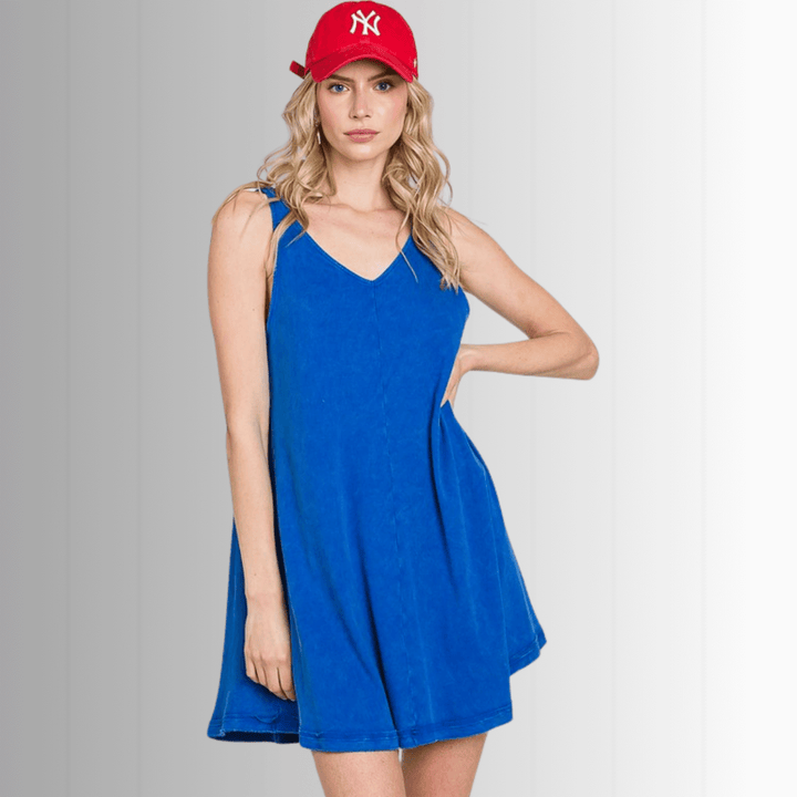 USA Made Women's Breathable Cotton Mineral Washed Sleeveless Mini Tank Dress with Double V-Neck in Royal Blue | Classy Cozy Cool Made in America Boutique