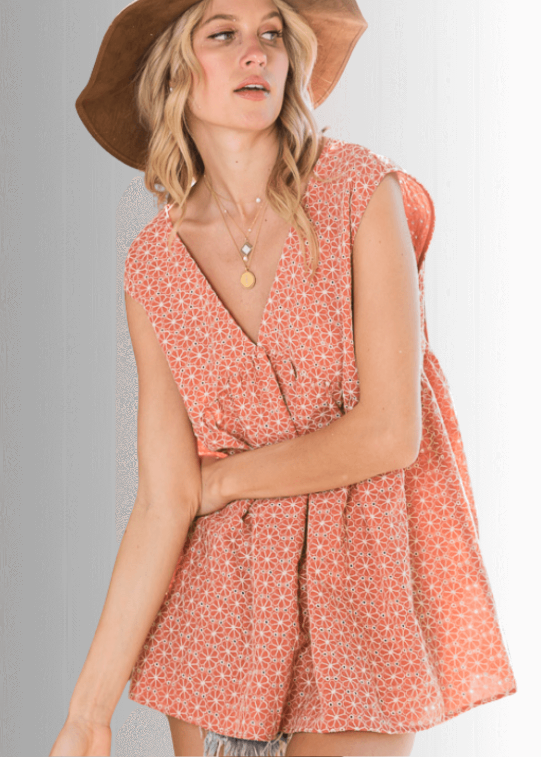 Made in USA Women's Coral Rust Eyelet Cotton Embroidered Peplum Top | Bucket List Style T1330 | Classy Cozy Cool  Made in America Boutique