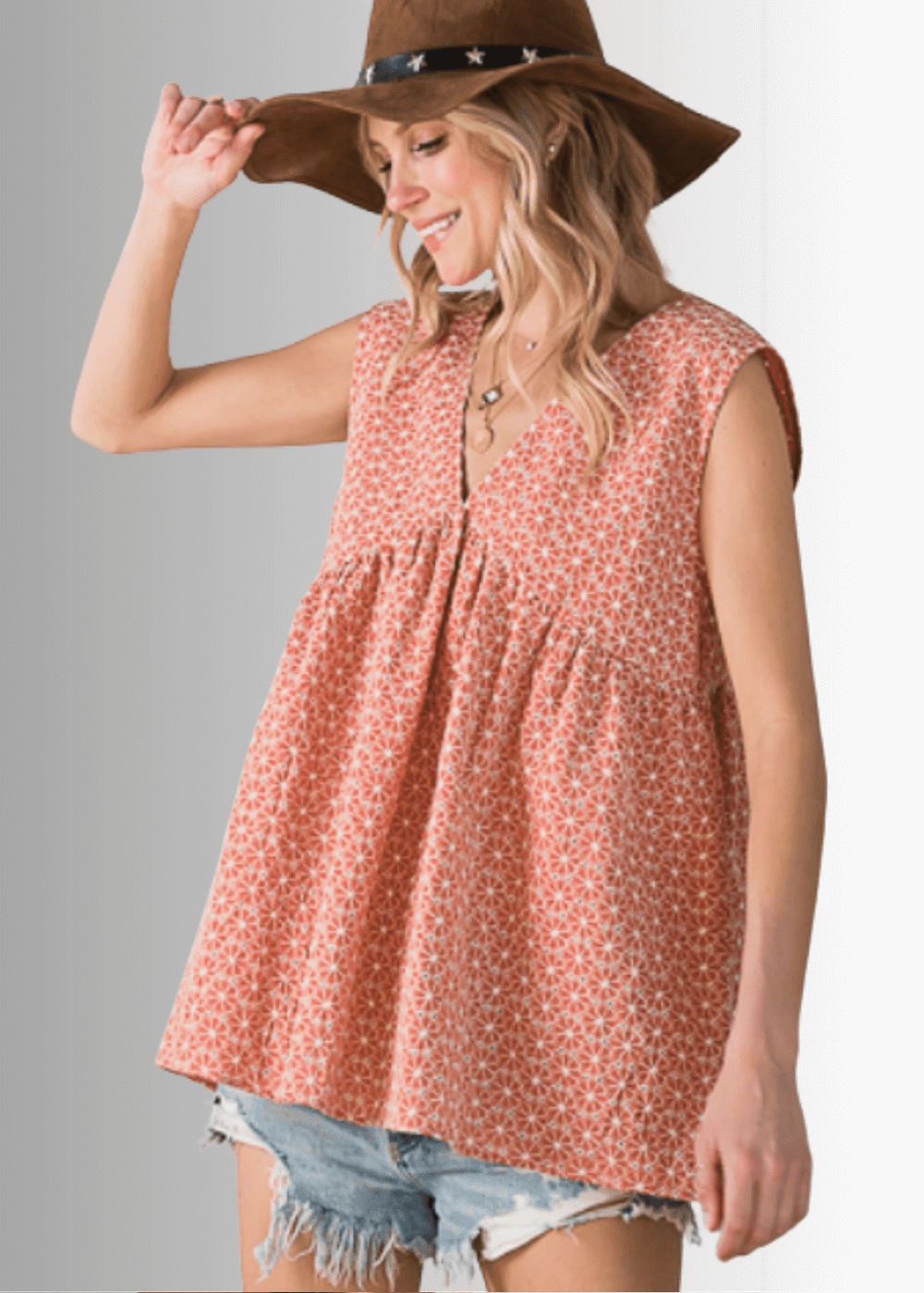 Made in USA Women's Coral Rust Eyelet Cotton Embroidered Peplum Top | Bucket List Style T1330 | Classy Cozy Cool  Made in America Boutique