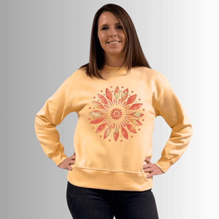 Made in USA Women's Apricot Artsy Floral Graphic Crew Neck Cotton Fleece Sweatshirt, Heavyweight Cotton Fleece, Relaxed Fit