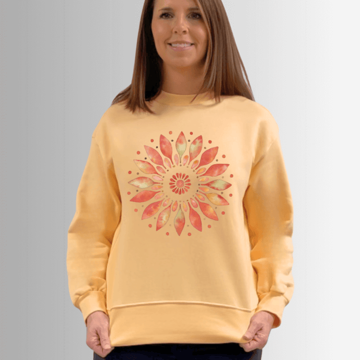 Made in USA Women's Apricot Artsy Floral Graphic Crew Neck Cotton Fleece Sweatshirt, Heavyweight Cotton Fleece, Relaxed Fit