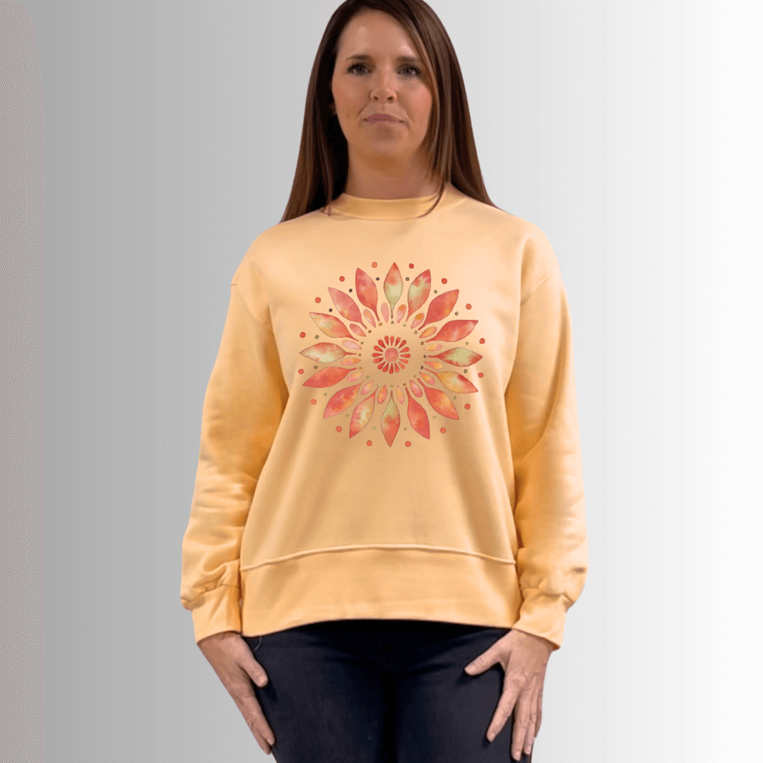 Made in USA Women's Apricot Artsy Floral Graphic Crew Neck Cotton Fleece Sweatshirt, Heavyweight Cotton Fleece, Relaxed Fit