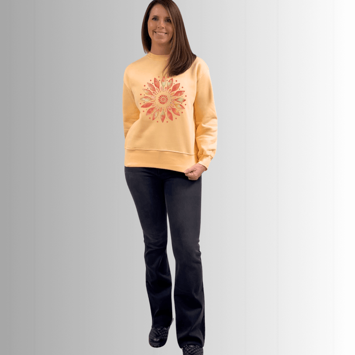 Made in USA Women's Apricot Artsy Floral Graphic Crew Neck Cotton Fleece Sweatshirt, Heavyweight Cotton Fleece, Relaxed Fit