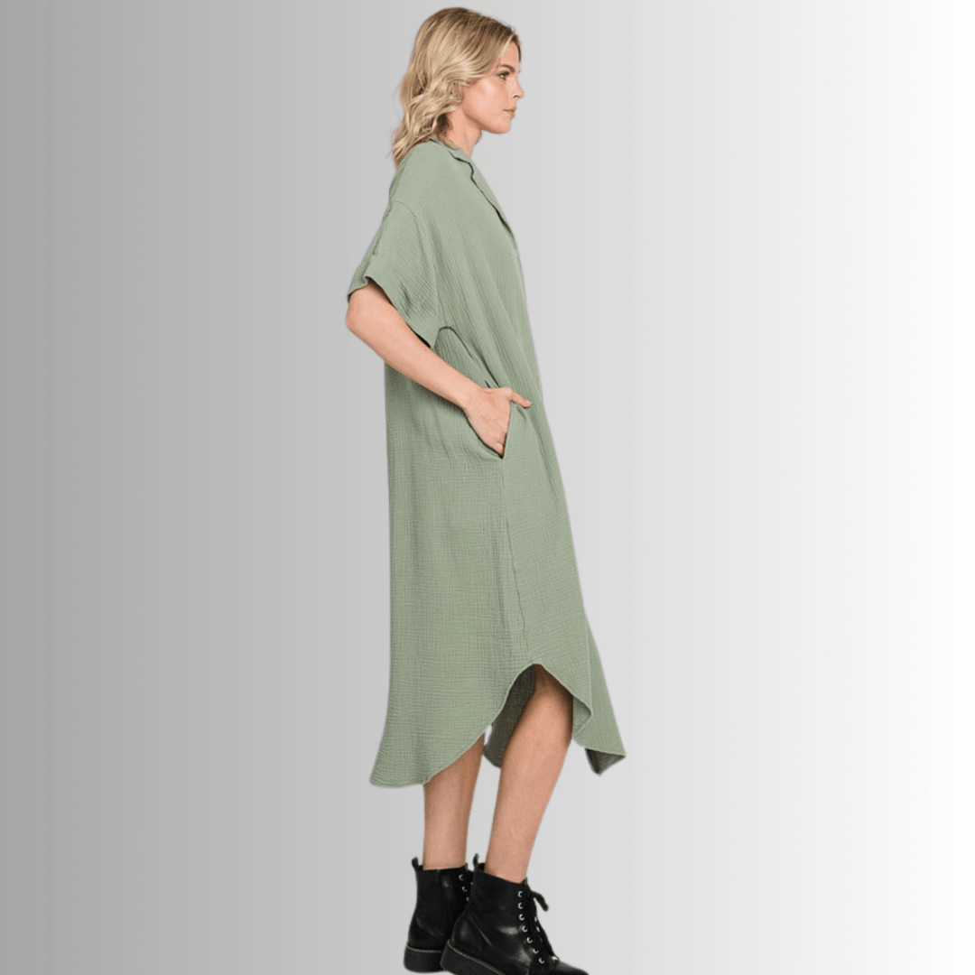 USA Made Women's Soft Garment Washed Gauze Olive Green Oversized Cotton Button Down Shirt Dress with Short Sleeves & Side Pockets | Classy Cozy Cool Made in America Boutique