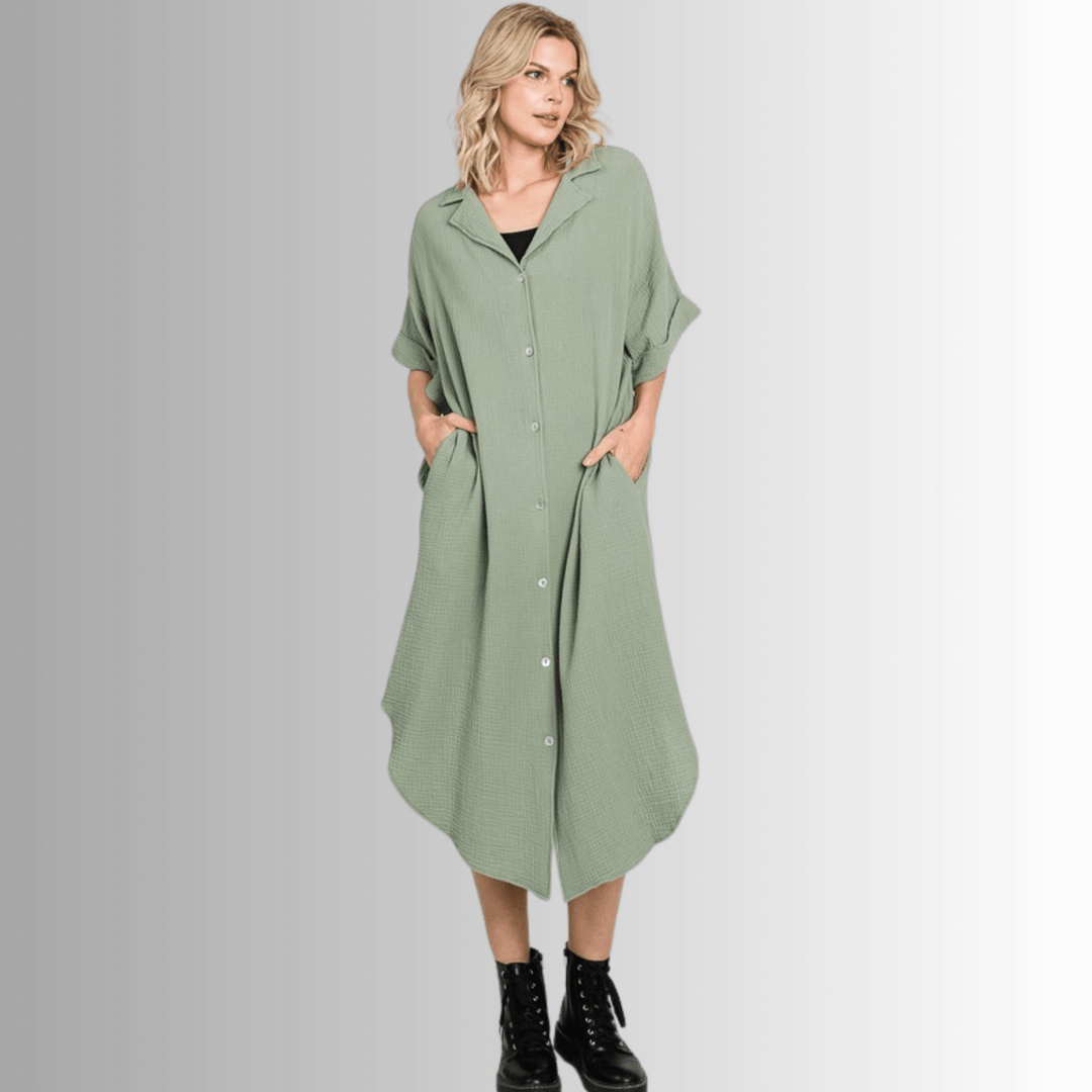 USA Made Women's Soft Garment Washed Gauze Olive Green Oversized Cotton Button Down Shirt Dress with Short Sleeves & Side Pockets | Classy Cozy Cool Made in America Boutique