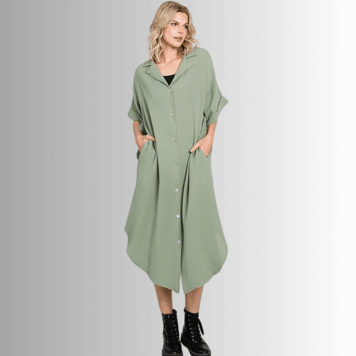 USA Made Women's Soft Garment Washed Gauze Olive Green Oversized Cotton Button Down Shirt Dress with Short Sleeves & Side Pockets | Classy Cozy Cool Made in America Boutique