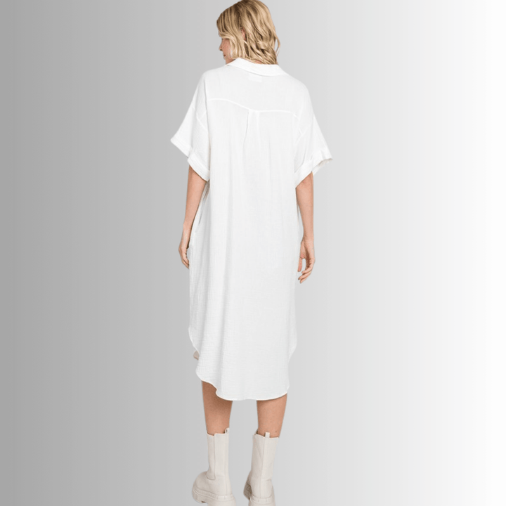 USA Made Women's Soft Garment Washed Gauze Off White Oversized Cotton Button Down Shirt Dress with Short Sleeves & Side Pockets | Classy Cozy Cool Made in America Boutique