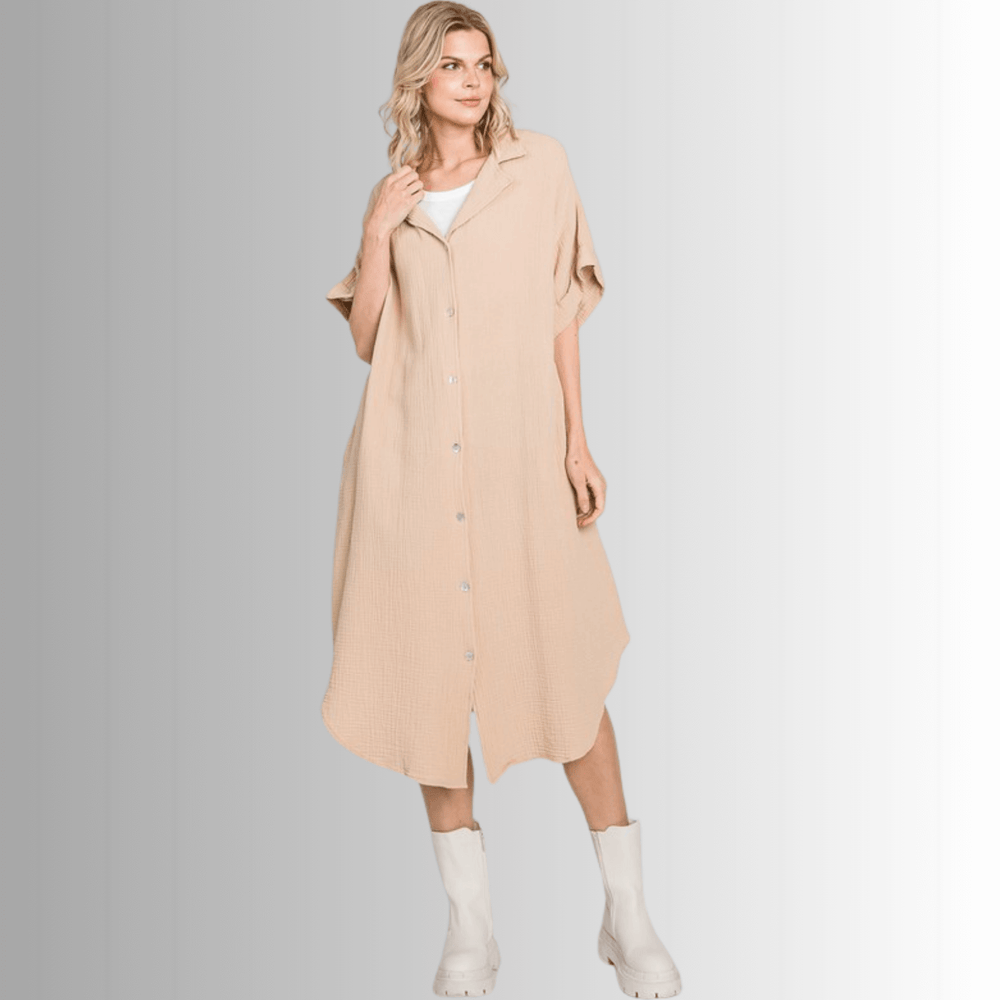 USA Made Women's Soft Garment Washed Gauze Oatmeal Beige Oversized Cotton Button Down Shirt Dress with Short Sleeves & Side Pockets | Classy Cozy Cool Made in America Boutique