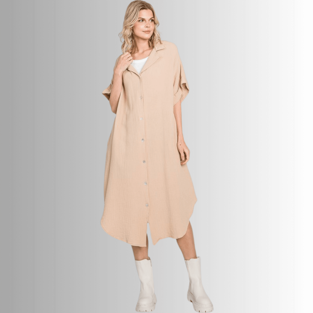 USA Made Women's Soft Garment Washed Gauze Oatmeal Beige Oversized Cotton Button Down Shirt Dress with Short Sleeves & Side Pockets | Classy Cozy Cool Made in America Boutique