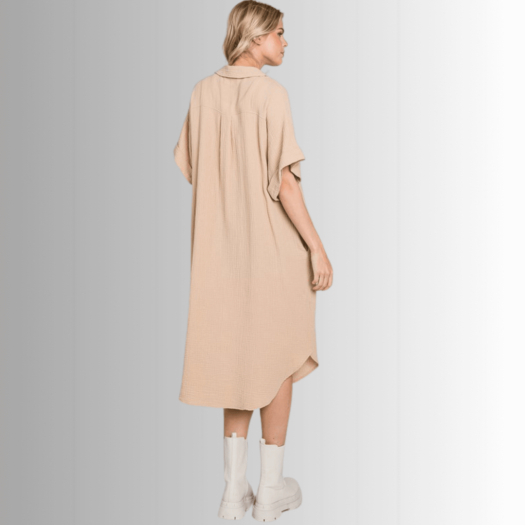 USA Made Women's Soft Garment Washed Gauze Oatmeal Beige Oversized Cotton Button Down Shirt Dress with Short Sleeves & Side Pockets | Classy Cozy Cool Made in America Boutique