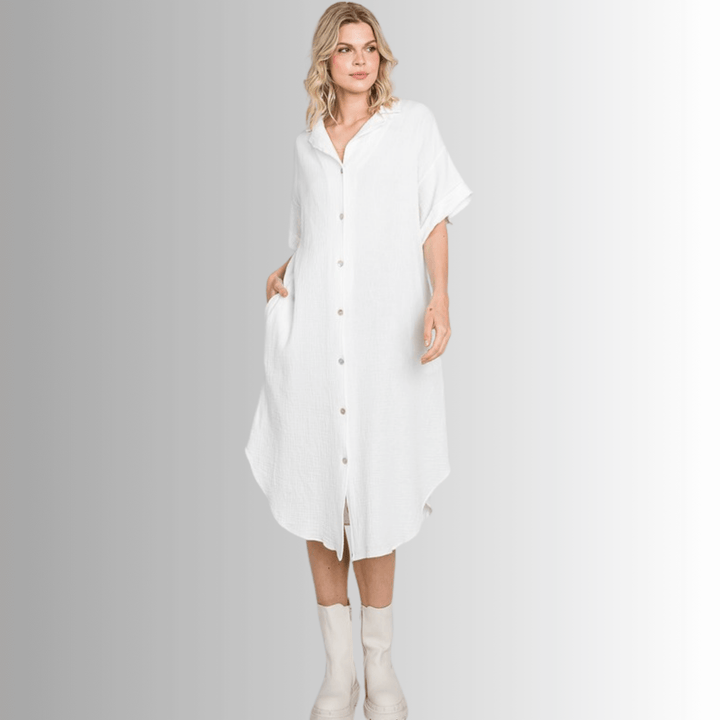 USA Made Women's Soft Garment Washed Gauze Off White Oversized Cotton Button Down Shirt Dress with Short Sleeves & Side Pockets | Classy Cozy Cool Made in America Boutique