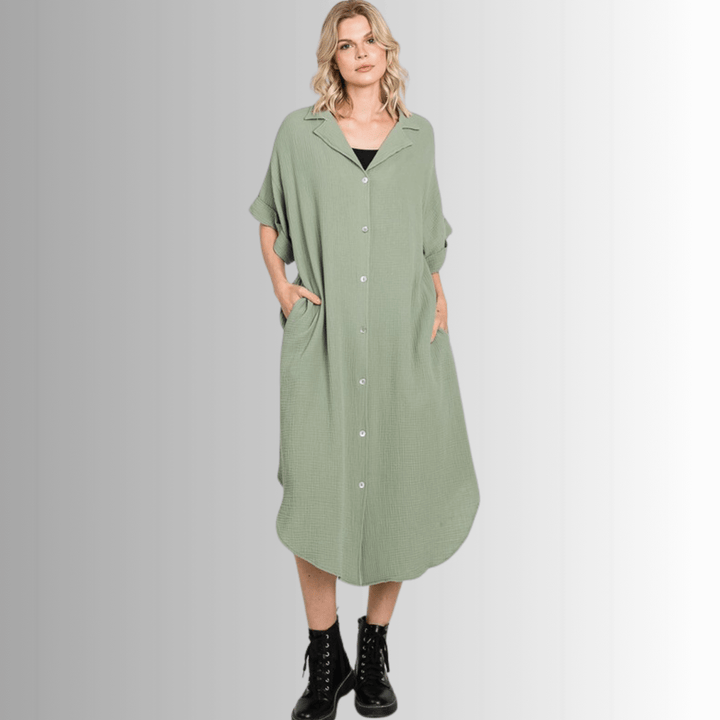 USA Made Women's Soft Garment Washed Gauze Olive Green Oversized Cotton Button Down Shirt Dress with Short Sleeves & Side Pockets | Classy Cozy Cool Made in America Boutique