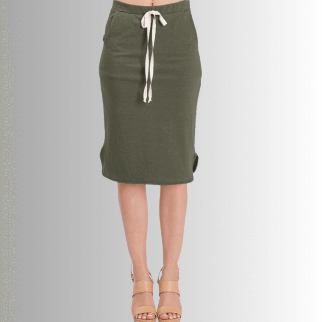 Look stylish and feel comfortable in this USA-made Casual Cotton Knee Length Skirt in Olive Green | Classy Cozy Cool Women's Made in America Boutique