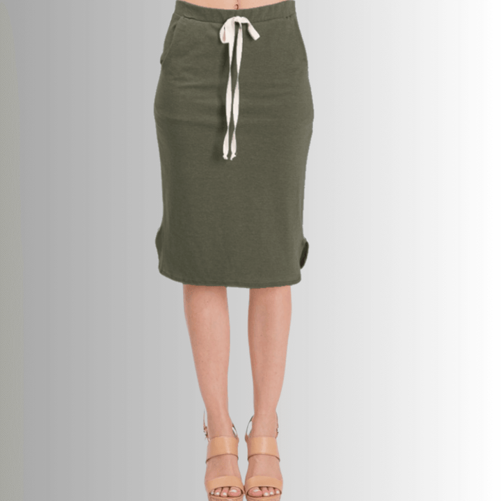 Look stylish and feel comfortable in this USA-made Casual Cotton Knee Length Skirt in Olive Green | Classy Cozy Cool Women's Made in America Boutique