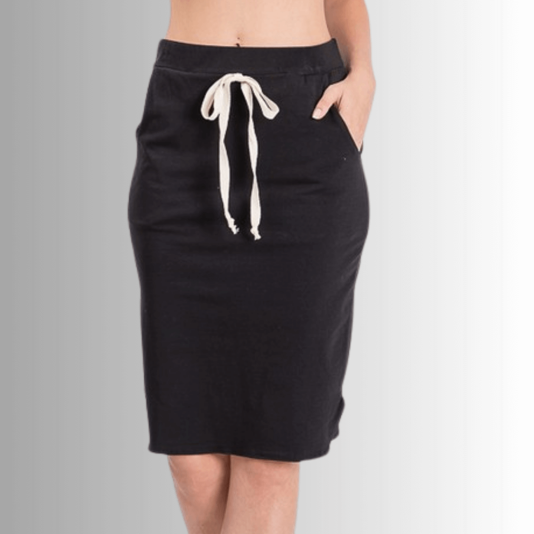 Look stylish and feel comfortable in this USA-made Casual Cotton Knee Length Skirt in Black | Classy Cozy Cool Women's Made in America Boutique