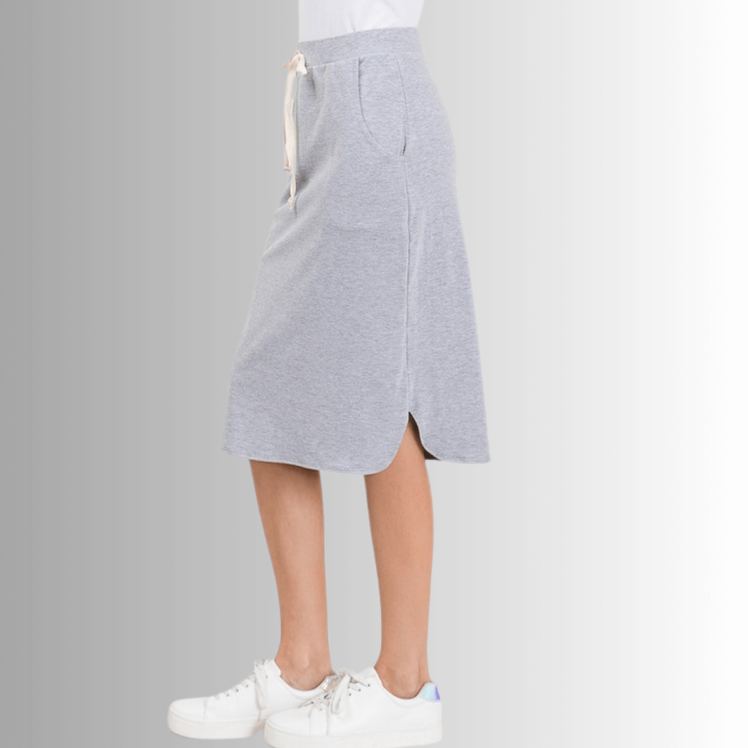 Look stylish and feel comfortable in this USA-made Casual Cotton Knee Length Skirt in Heather Gray | Classy Cozy Cool Women's Made in America Boutique