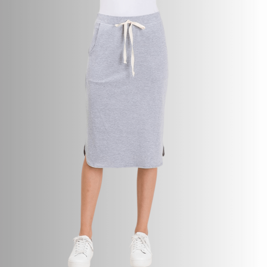 Look stylish and feel comfortable in this USA-made Casual Cotton Knee Length Skirt in Heather Gray | Classy Cozy Cool Women's Made in America Boutique