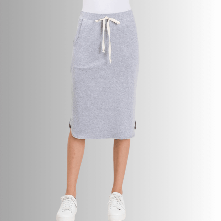 Look stylish and feel comfortable in this USA-made Casual Cotton Knee Length Skirt in Heather Gray | Classy Cozy Cool Women's Made in America Boutique