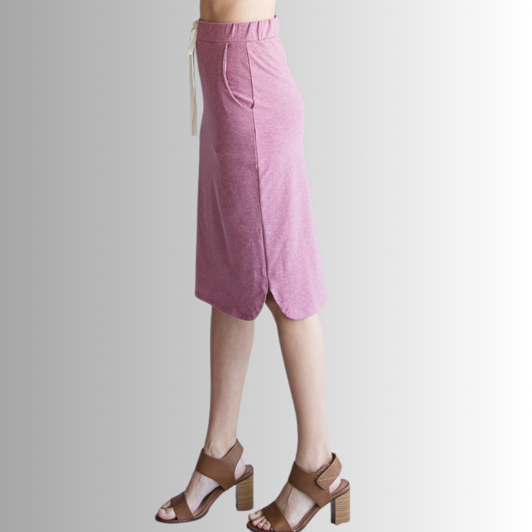 Look stylish and feel comfortable in this USA-made Casual Cotton Knee Length Skirt in Heather Marsala | Classy Cozy Cool Women's Made in America Boutique