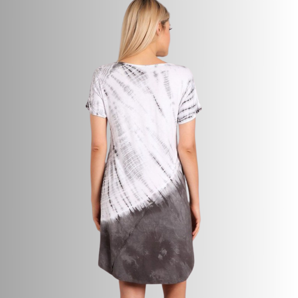 USA Made Ladies Casual Knee Length Tie Dye Dress in Grey Tones |  Style# C60570 | Classy Cozy Cool Women's Made in America Boutique