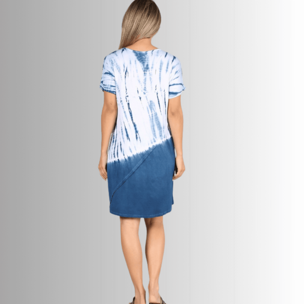 USA Made Ladies Casual Knee Length Tie Dye Dress in Blue Tones |  Style# C60570 | Classy Cozy Cool Women's Made in America Boutique