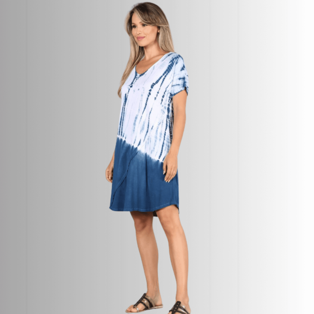 USA Made Ladies Casual Knee Length Tie Dye Dress in Blue Tones |  Style# C60570 | Classy Cozy Cool Women's Made in America Boutique