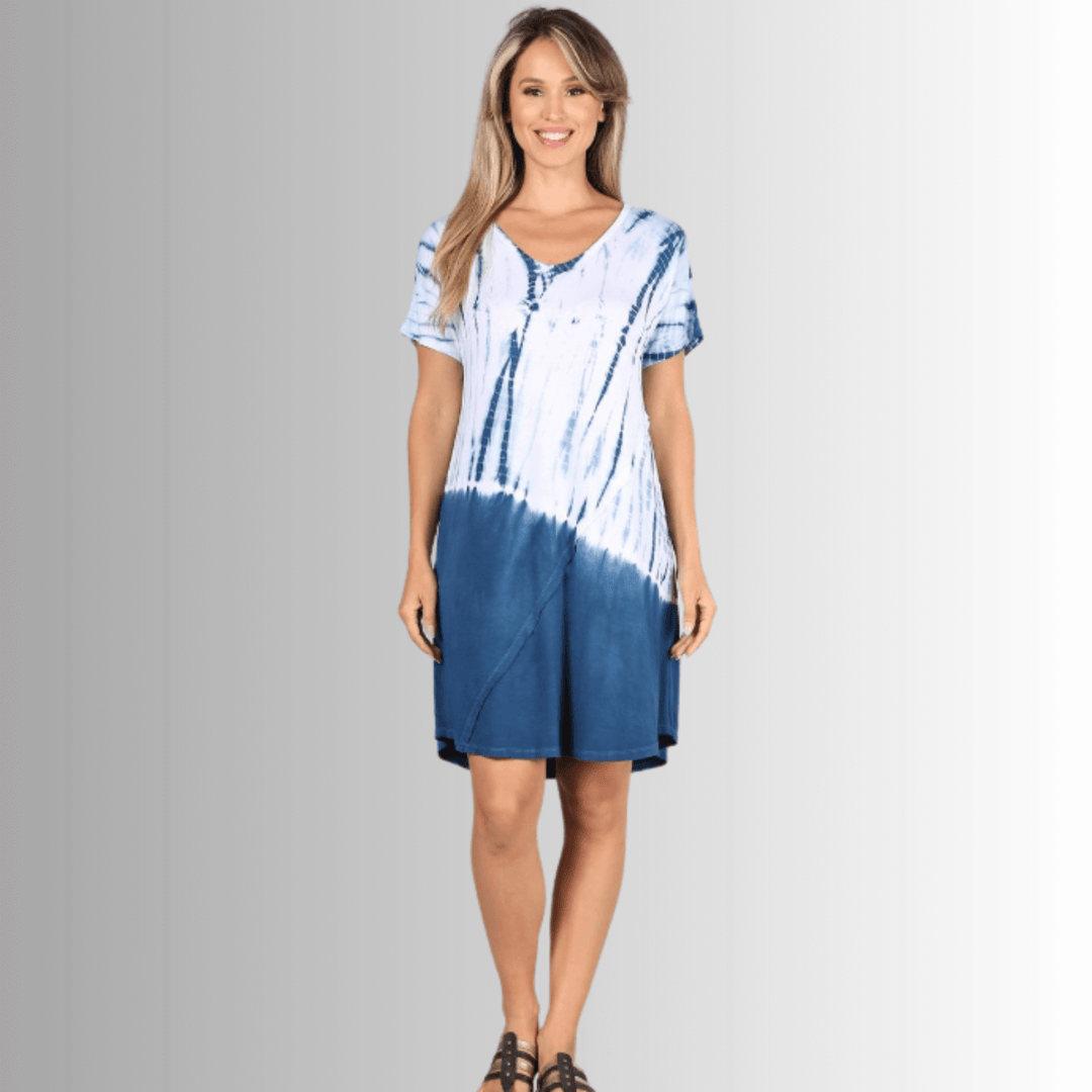 USA Made Ladies Casual Knee Length Tie Dye Dress in Blue Tones |  Style# C60570 | Classy Cozy Cool Women's Made in America Boutique