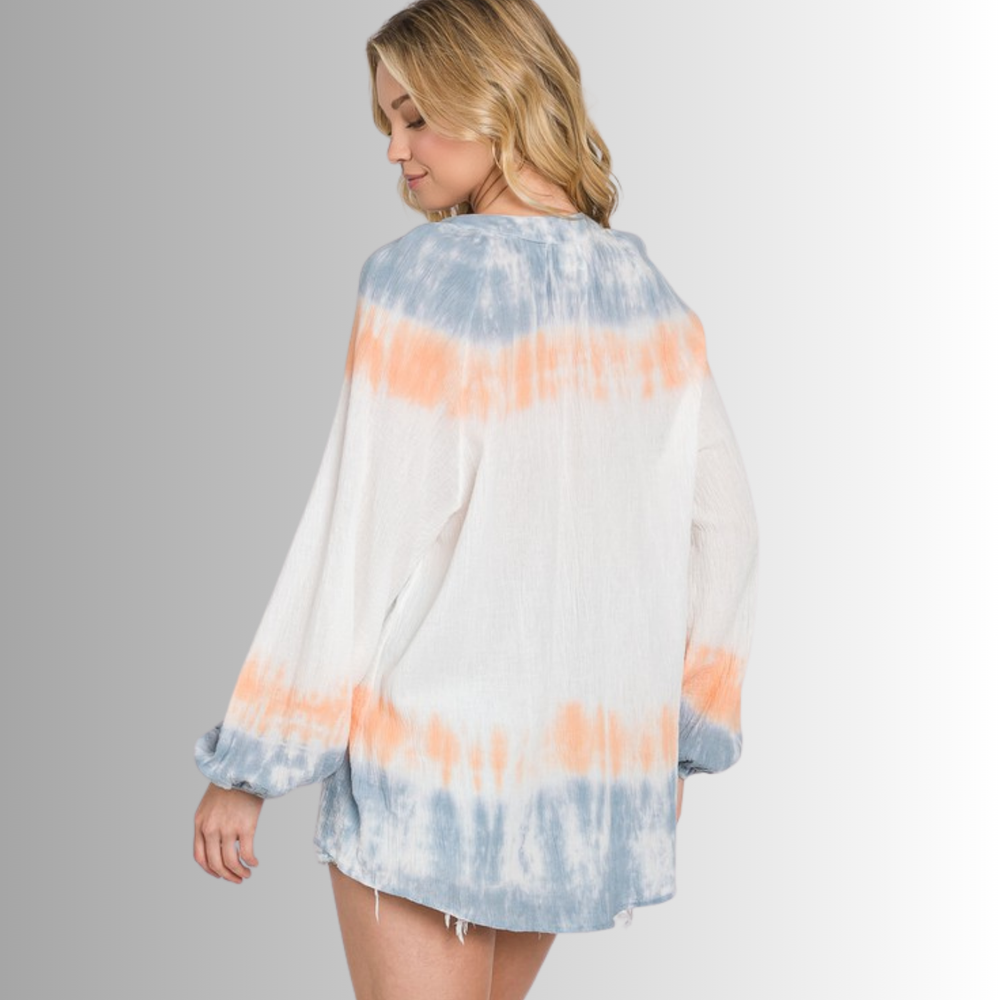 USA Made Premium Ladies Cotton Gauze Oversized Tie Dye Color Block Blouse in White with Blue & Peach Colors | Classy Cozy Cool Women's Made in America Clothing Boutique