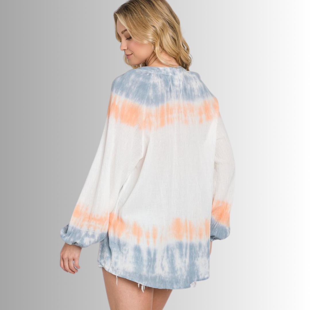 USA Made Premium Ladies Cotton Gauze Oversized Tie Dye Color Block Blouse in White with Blue & Peach Colors | Classy Cozy Cool Women's Made in America Clothing Boutique