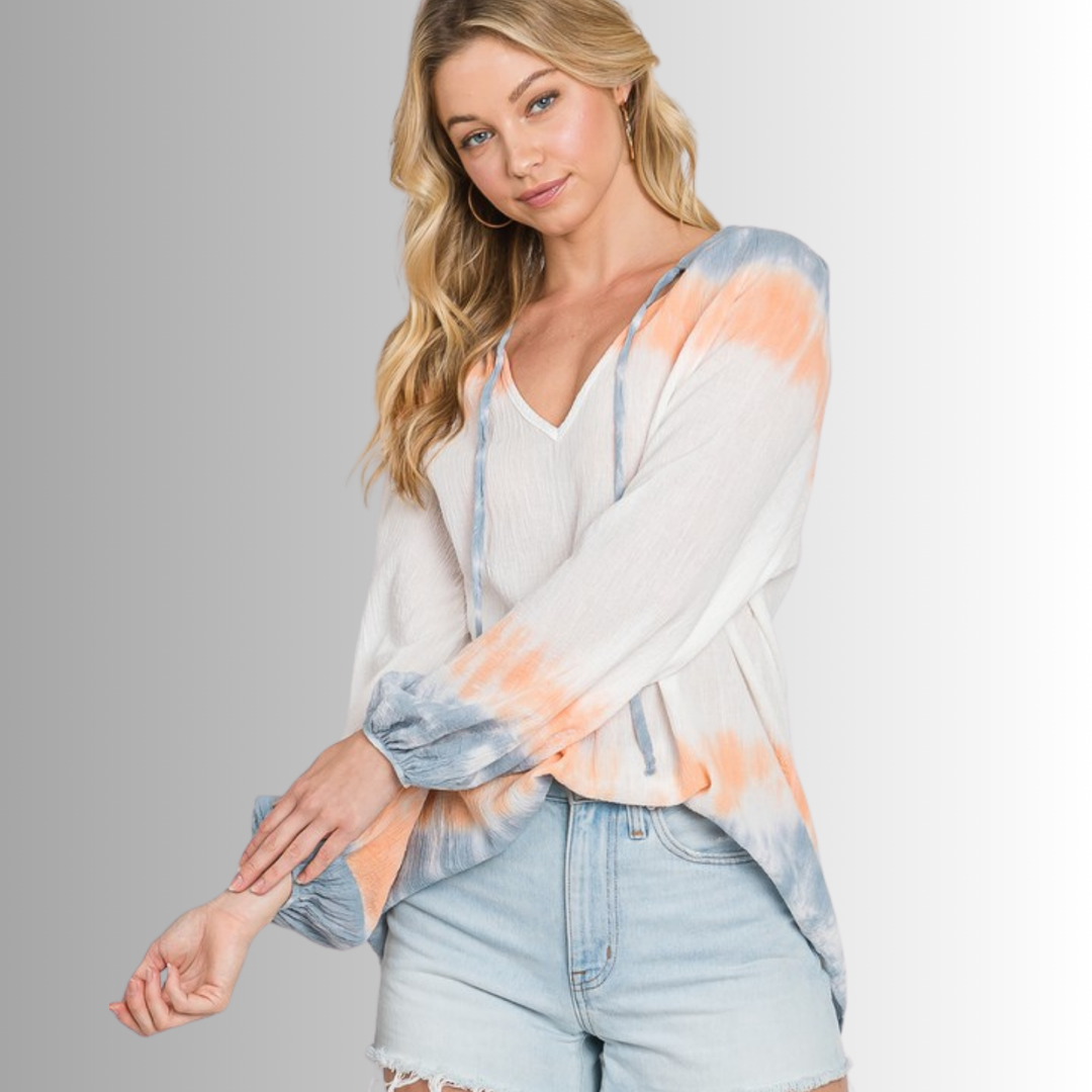 USA Made Premium Ladies Cotton Gauze Oversized Tie Dye Color Block Blouse in White with Blue & Peach Colors | Classy Cozy Cool Women's Made in America Clothing Boutique