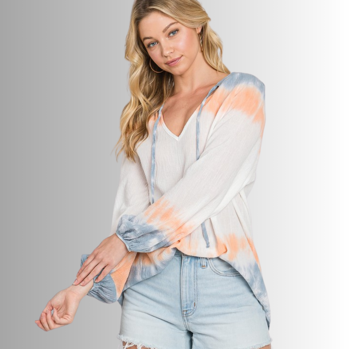 USA Made Premium Ladies Cotton Gauze Oversized Tie Dye Color Block Blouse in White with Blue & Peach Colors | Classy Cozy Cool Women's Made in America Clothing Boutique
