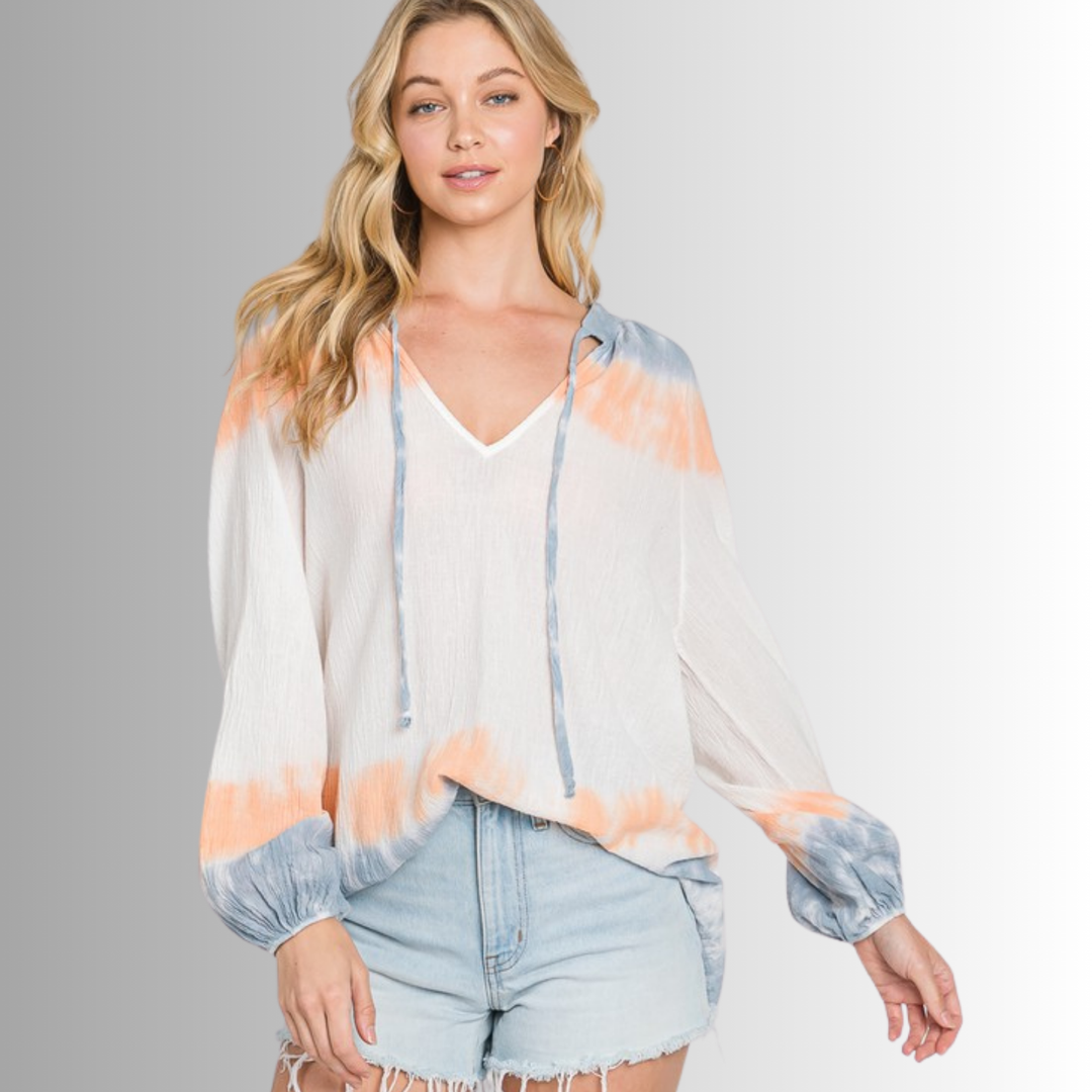 USA Made Premium Ladies Cotton Gauze Oversized Tie Dye Color Block Blouse in White with Blue & Peach Colors | Classy Cozy Cool Women's Made in America Clothing Boutique