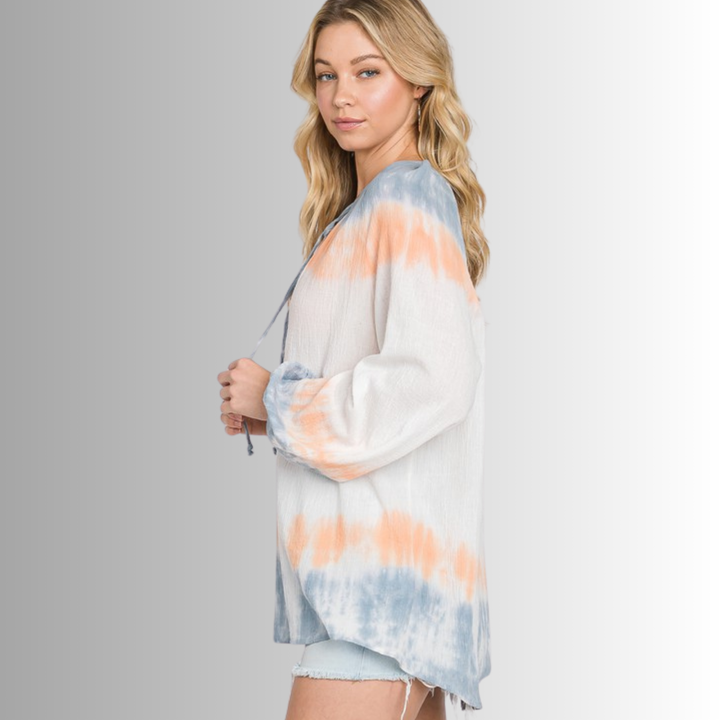 USA Made Premium Ladies Cotton Gauze Oversized Tie Dye Color Block Blouse in White with Blue & Peach Colors | Classy Cozy Cool Women's Made in America Clothing Boutique