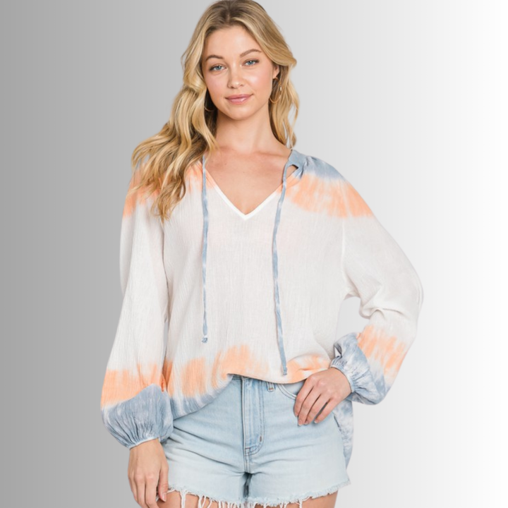 USA Made Premium Ladies Cotton Gauze Oversized Tie Dye Color Block Blouse in White with Blue & Peach Colors | Classy Cozy Cool Women's Made in America Clothing Boutique
