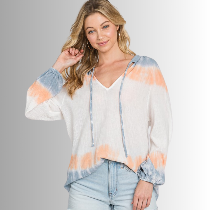 USA Made Premium Ladies Cotton Gauze Oversized Tie Dye Color Block Blouse in White with Blue & Peach Colors | Classy Cozy Cool Women's Made in America Clothing Boutique