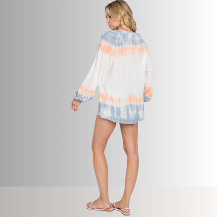 USA Made Premium Ladies Cotton Gauze Oversized Tie Dye Color Block Blouse in White with Blue & Peach Colors | Classy Cozy Cool Women's Made in America Clothing Boutique