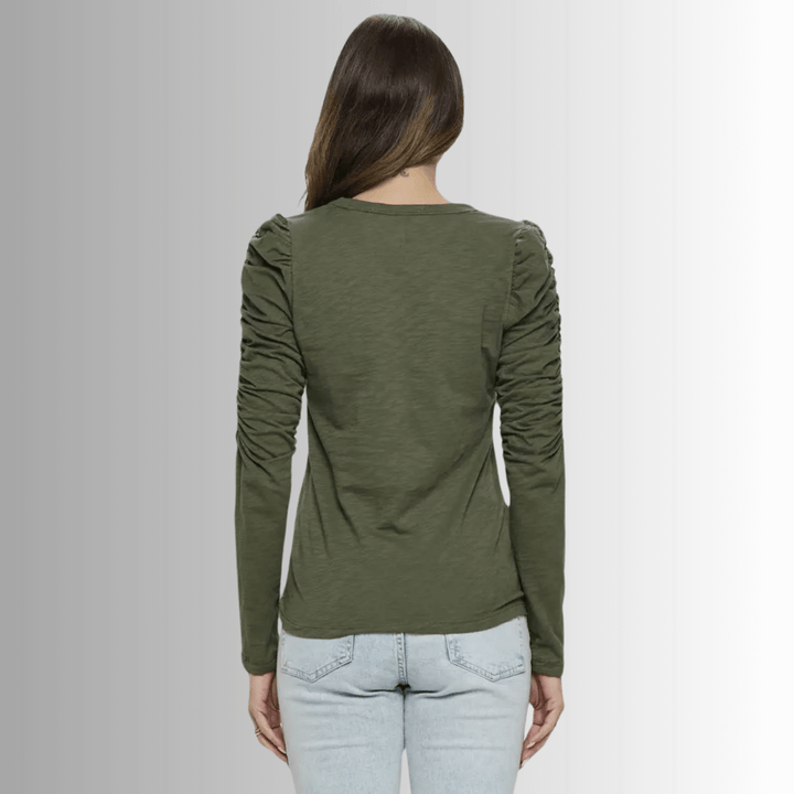 Ladies USA Made Cotton Solid Long Puff Sleeve Fitted Top in Olive | Renee C Style# 4355TP | Classy Cozy Cool Women's Made in America Clothing Boutique