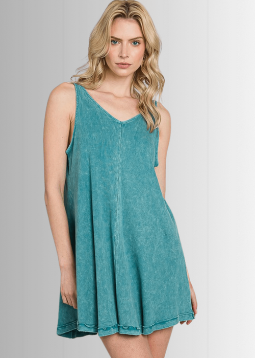 Lainey Ribbed Cotton Mini Dress in Teal Teal / Large