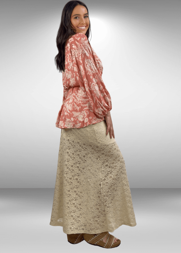 Made in USA Women's Yellowstone Lace Maxi Skirt in Gardenia with Elastic Waist, Mini Length Liner | If She Loves Style ISK1385