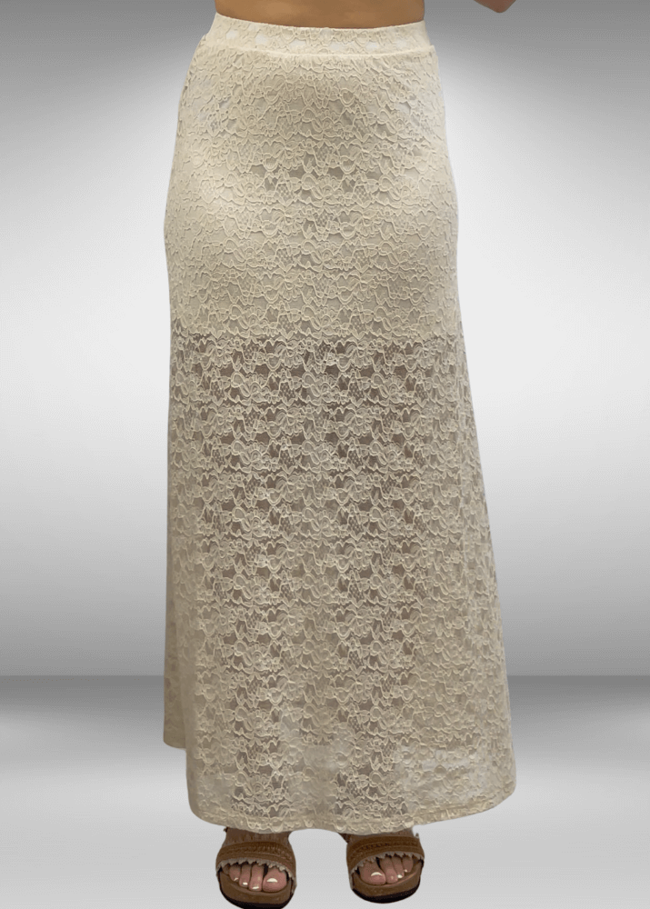 Made in USA Women's Yellowstone Lace Maxi Skirt in Gardenia with Elastic Waist, Mini Length Liner | If She Loves Style ISK1385