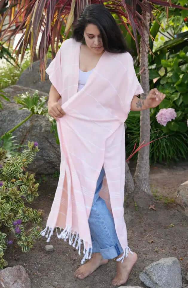 Shop the Beachables Long Length Cover Up — handcrafted in the USA from soft Turkish Cotton. Calf-to-ankle length, tassel hem, vibrant stripes. Perfect for beach, resort &amp; vacation.