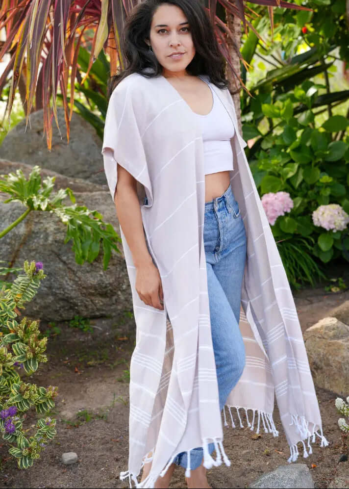 Shop the Beachables Long Length Cover Up — handcrafted in the USA from soft Turkish Cotton. Calf-to-ankle length, tassel hem, vibrant stripes. Perfect for beach, resort &amp; vacation.