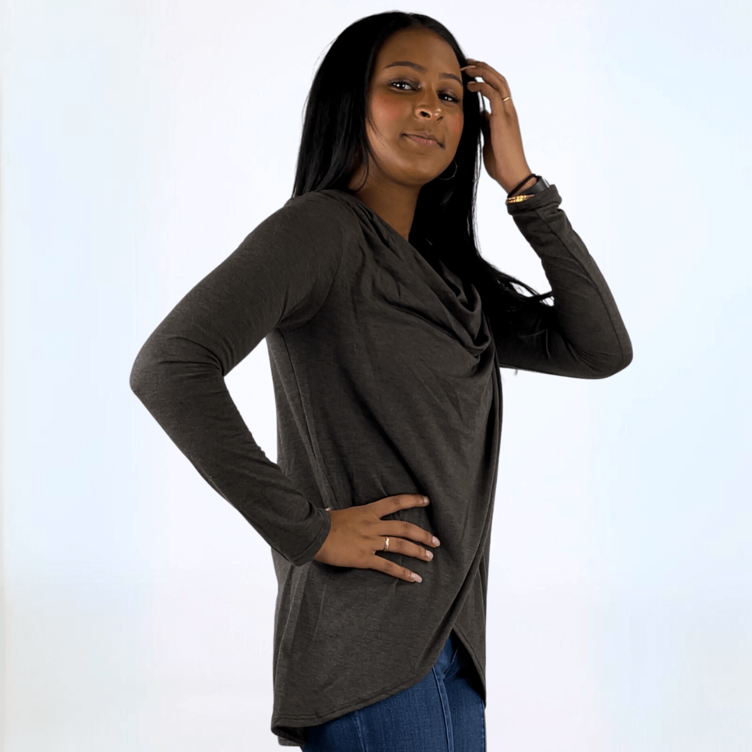 Made in USA Women's Cowl Neck Draped Front Sweater Top, Long Sleeves, High Low Length, Shoulder Button Detail, Available in Charcoal Grey and Taupe | Classy Cozy Cool Made in America Boutique