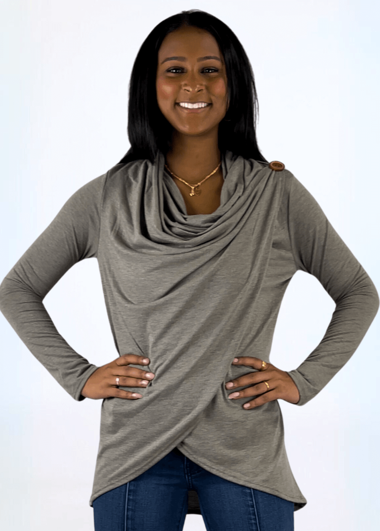 Made in USA Women's Cowl Neck Draped Front Sweater Top, Long Sleeves, High Low Length, Shoulder Button Detail, Available in Charcoal Grey and Taupe | Classy Cozy Cool Made in America Boutique