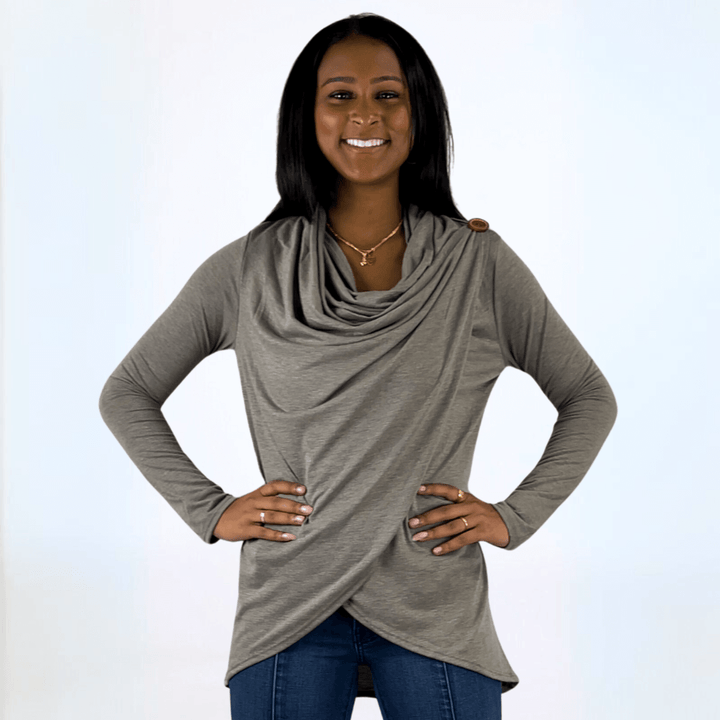 Made in USA Women's Cowl Neck Draped Front Sweater Top, Long Sleeves, High Low Length, Shoulder Button Detail, Available in Charcoal Grey and Taupe | Classy Cozy Cool Made in America Boutique