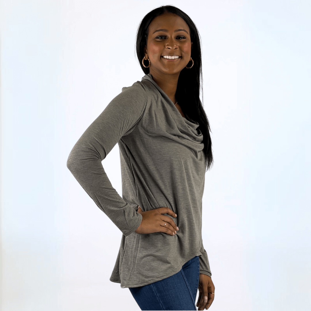 Made in USA Women's Cowl Neck Draped Front Sweater Top, Long Sleeves, High Low Length, Shoulder Button Detail, Available in Charcoal Grey and Taupe | Classy Cozy Cool Made in America Boutique