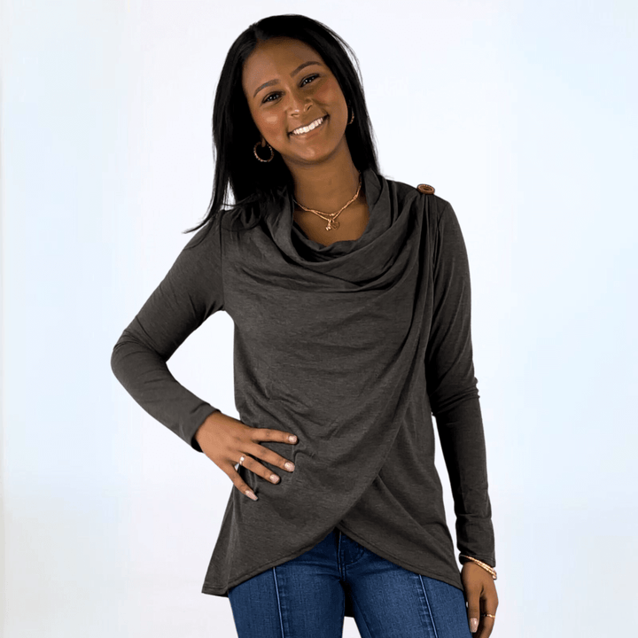 Made in USA Women's Cowl Neck Draped Front Sweater Top, Long Sleeves, High Low Length, Shoulder Button Detail, Available in Charcoal Grey and Taupe | Classy Cozy Cool Made in America Boutique