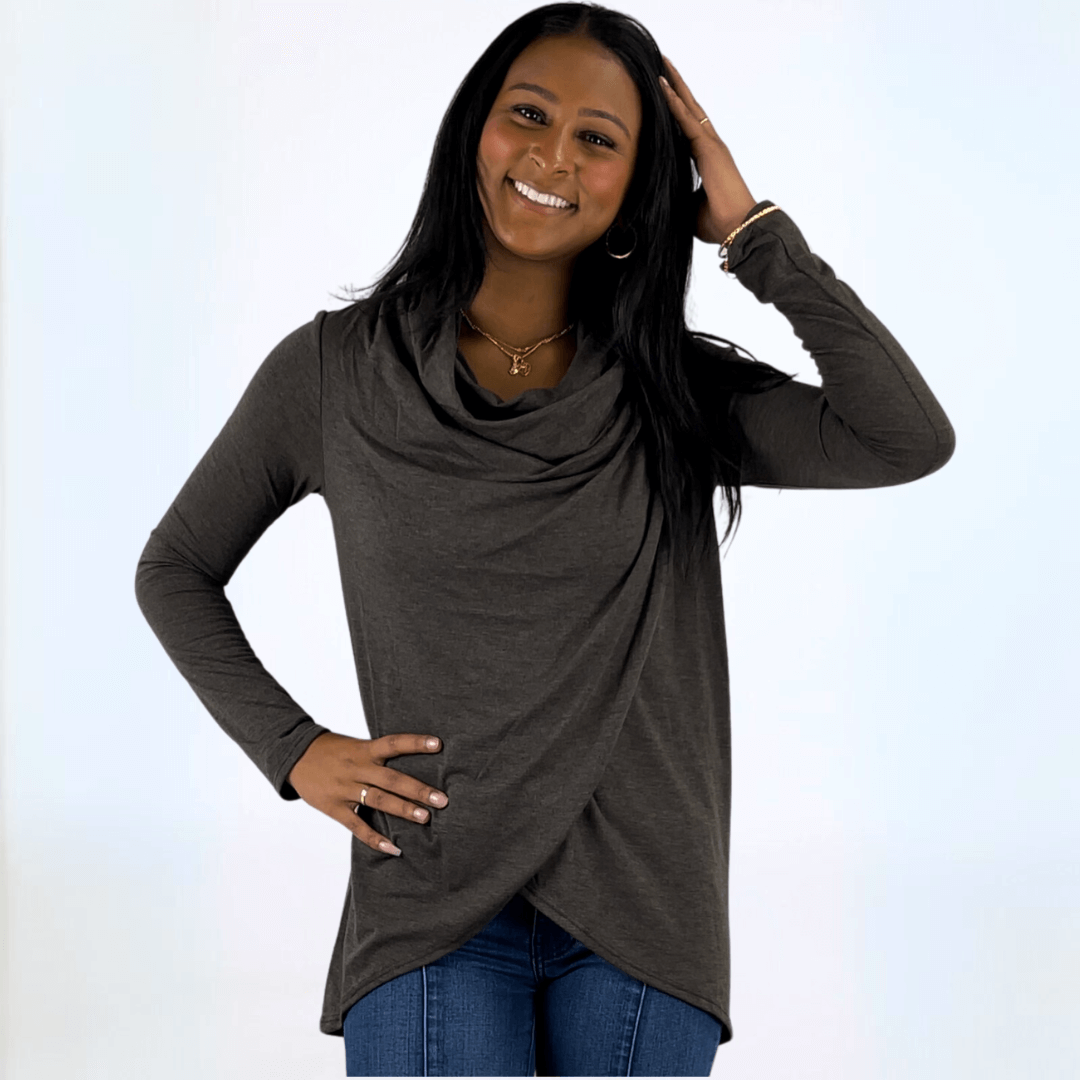 Made in USA Women's Cowl Neck Draped Front Sweater Top, Long Sleeves, High Low Length, Shoulder Button Detail, Available in Charcoal Grey and Taupe | Classy Cozy Cool Made in America Boutique